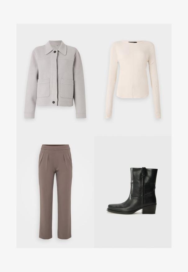 Ljusgrå ullblandad jacka med krage, framknäppning med knappar och två stora påsydda fickor. Mjuk textur med snygga sömnadsdetaljer.; Långärmad, ljusbeige topp med rund halsringning. Tillverkad i mjukt material, har en central söm och något rundad nederkant. Inga synliga detaljer.; Taupe löst sittande byxor med elastisk midja och framfåll, gjorda av ett mjukt tyg.; Svart läderankelboot med rund tå, blockklack, sidodragkedja och sömmar på ovandelen. Slät textur, klassisk design.