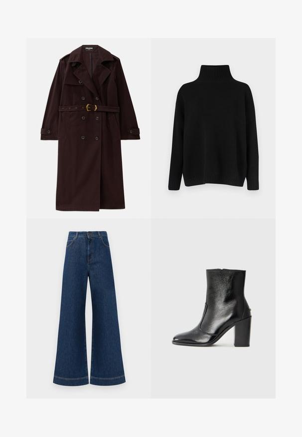 Trench coat bordeaux de dupla face com cintura cinto, gola encaixada e bolsos frontais. Feito de um tecido durável com uma textura suave.; Camisola preta de malha com gola alta canelada, ombros caídos e corte solto. Apresenta punhos e bainha canelados para dar textura.; Jeans azul de perna larga com cintura alta, apresentando um fecho de botão, passantes para cinto e detalhes de costura discretos ao longo dos bolsos e das bainhas.; Bota ankle preta em pele com uma textura suave, bico fino e um salto alto robusto. Apresenta uma abertura lateral e um design minimalista.