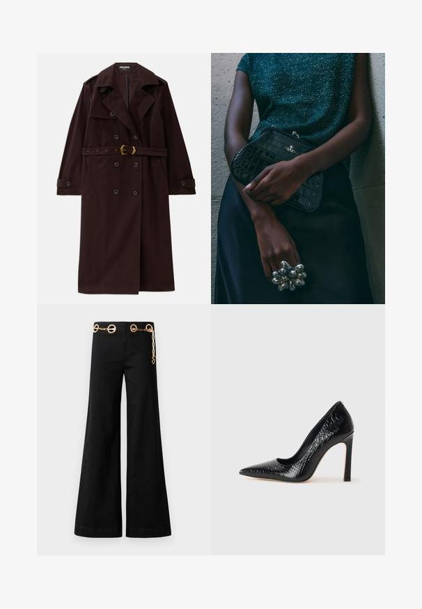 Trench coat doppiopetto bordeaux con vita cinturata, colletto a punta e tasche frontali. Realizzato in un tessuto resistente con una consistenza liscia.; Body con manica lunga, colletto alto e design off-shoulder in un colore borgogna uniforme. Realizzato in un tessuto morbido ed elasticizzato.; Pantaloni neri a gamba larga realizzati in cotone, con elementi circolari in metallo dorato e un dettaglio a catena sulla vita. Texture liscia, taglio pulito.; Scarpa nera con punta a punta alta in pelle di coccodrillo, caratterizzata da un design elegante, alto tacco a spillo e interno nero liscio.; Clutch bag nera con motivo coccodrillo e hardware argentato, appoggiata su uno sfondo grigio texture. Presenta una superficie lucida.