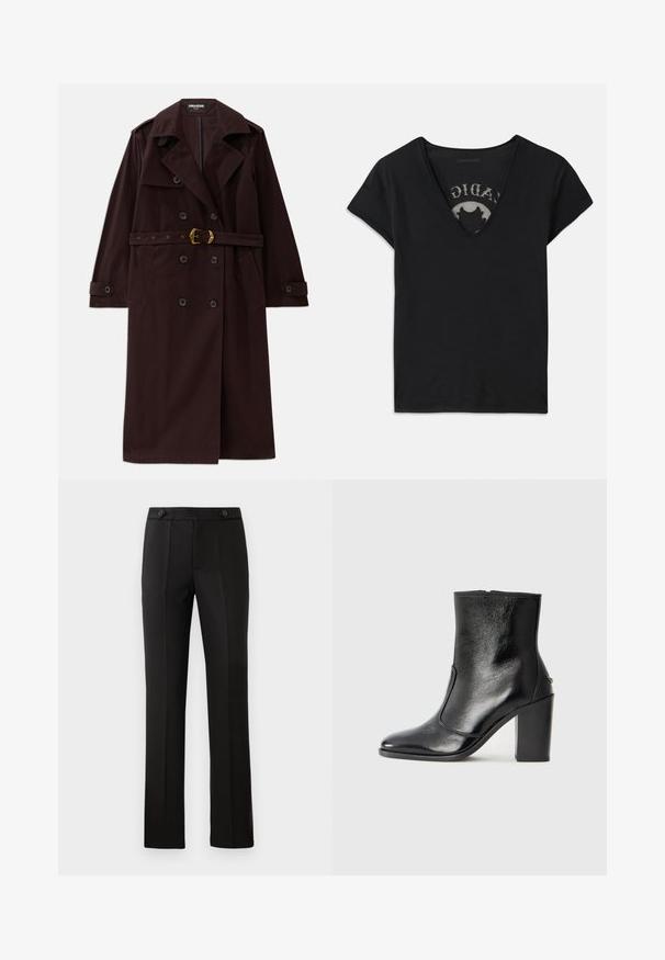 Burgundská dvojradová trenčkot s opaskom v páse, prostredným golierom a prednými vreckami. Vyrobený z odolnej látky s hladkou textúrou.; Čierne tričko s krátkym rukávom a hlbokým V-výstrihom, so sieťovanou panelou a potlačou na vnútornej vrstve. Mäkko a priedušne materiál.; Čierne nohavice na mieru so rovnými nohavicami, dvoma prednými vreckami, gombíkovým zapínaním a skladaním na prednej strane. Hladká textúra látky.; Čierna kožená kotníková obuv s hladkým povrchom, špicatou špičkou a masívnym vysokým podpätkom. Zdobená bočným otvorom a minimalistickým dizajnom.