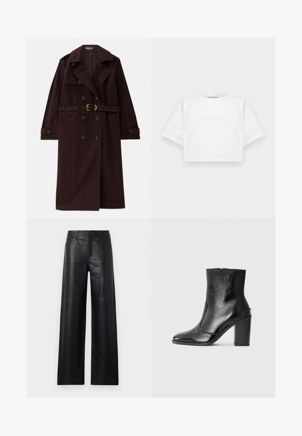 Impermeabil din burgundă, cu două rânduri de nasturi, talie încinsă, guler cu tăietură și buzunare frontale. Confecționat dintr-un material durabil cu o textură netedă.; Tricou alb scurt dintr-un material moale, cu mâneci scurte, decolteu rotund și detalii ribbrate la margine. Design simplu și fără embellishments.; Pantaloni din piele neagră cu picioare largi, având o textură netedă, cu buzunare frontale, sistem de închidere cu buton și detalii de cusătură subtile.; Botină din piele neagră, cu o textură netedă, vârf ascuțit și toc gros, înalt. Dispune de o deschidere laterală și un design minimalist.