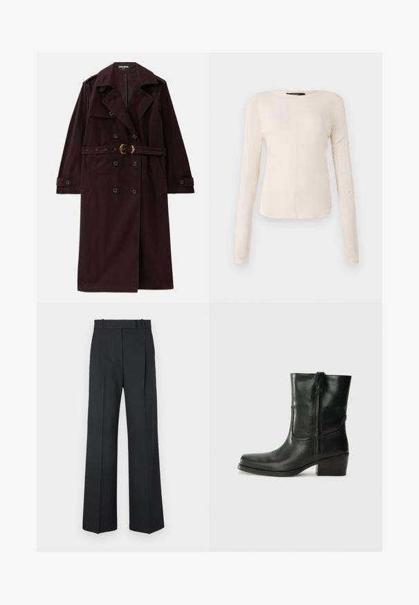 Burgundský dvouvrstvý trenčkot s páskem v pase, výstřihovým límcem a předními kapsami. Vyrobeno z odolné tkaniny s hladkou texturou.; Dlouhý rukáv, světle béžový top s kulatým výstřihem. Vyrobeno z jemné látky, má středový šev a mírně zaoblený lem. Bez viditelné kovové úpravy.; Tmavě modré kalhoty s pruhy, vysokým pasem, širokým nohavicemi a bez viditelného kování nebo ozdob. Hladká textura a přesně padnoucí střih.; Černá kožená kotníková bota s kulatou špičkou, blokovým podpatkem, bočním zipem a prošíváním na svršku. Hladký povrch, klasický design.