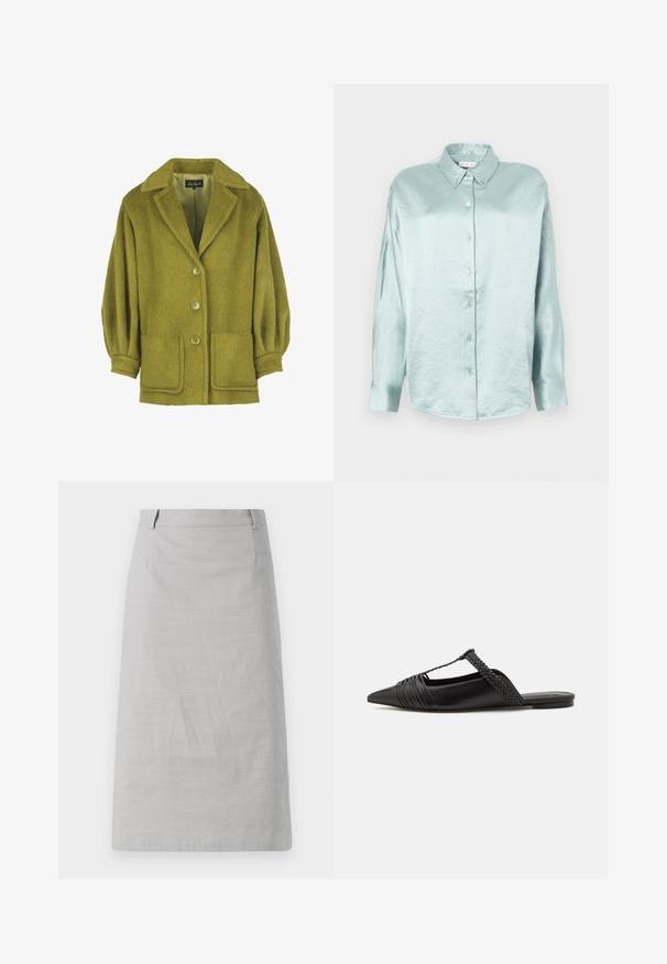 Zaļa vilnas maisījuma jaka ar teksturētu apdari, ar izgrieztu apkakli, trim pogām, divām priekšējām kabatām un savilktām piedurknēm.; Gaiši zils krekliņš ar pogām, izgatavots no spīdīga, mīksta auduma; tam ir apkakle, garas piedurknes un noapaļots apakšmalas gals ar brīvu piegriezumu.; Pelēka zīmuļu svārki ar gludu tekstūru, piegulīgu formu un plakanu jostasvietu, ar sānu šuvēm un bez redzamām rakstu vai akcentu detalizācijām.; Melnas ādas slingback kurpes ar norādītu purngali, kurām ir austoša akcenta un krokota augšdaļa. Plakana zole ar minimālu aparatūru.