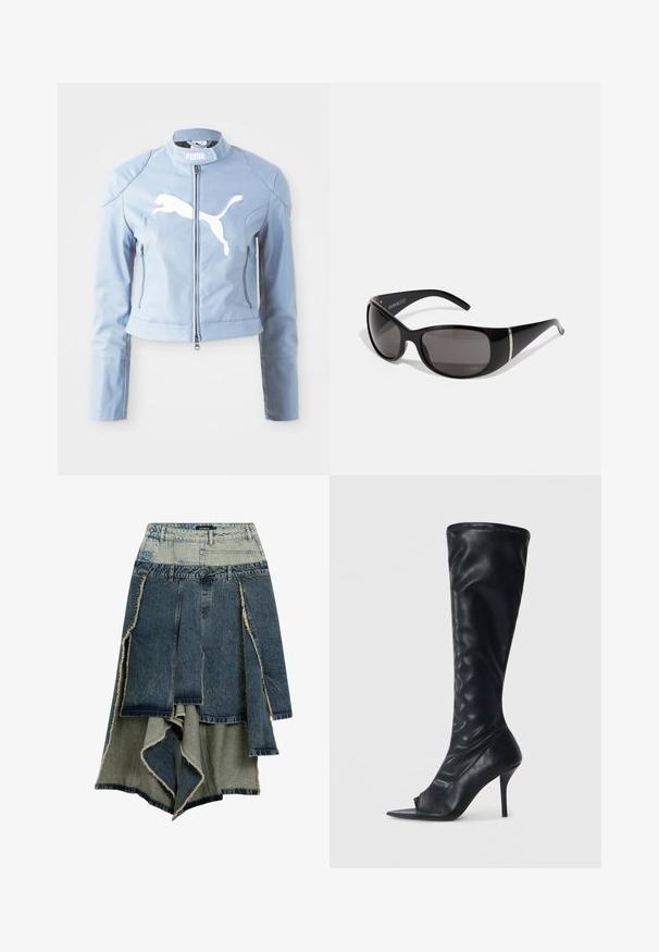 Jacheta bomber din piele de culoare albastru deschis, cu guler fals, fermoar frontal și logo alb Puma. Prezintă buzunare laterale cu fermoar și manșete ajustate.; Jachetă lungă, neagră, cu mânecă lungă pentru femei, cu fermoar în față, manșete largi și guler, așezată plat pe un fundal gri deschis.; Fustă din denim cu un design patchwork, având nuanțe variate de albastru și verde, margini desfăcute, tiv asimetric și multiple panouri.; Botă de genunchi din piele sintetică neagră, cu vârf ascuțit și toc înalt tip stiletto. Parte superioară texturată și finisaj neted.; Ochelari de soare negri cu rame din plastic lucios, lentile gri cu gradient și accente argintii pe laterale. Design elegant și curbat.; Desigual Geantă de mână - black