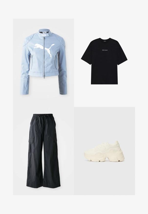 Light blue leather bomber jacket with a mock collar, front zipper, and white Puma logo. Features zipped side pockets and fitted cuffs.; Black cotton t-shirt with a loose design. Features short sleeves and a rounded neckline. Text "Positive Sincere" in white centered on the front.; Black cargo pants made of lightweight fabric, featuring a wide leg design, elastic waistband, and multiple side pockets. Simple and functional.; Chunky white sneakers made of textured mesh and synthetic materials, featuring a thick sole and intricate pattern details along the sides.