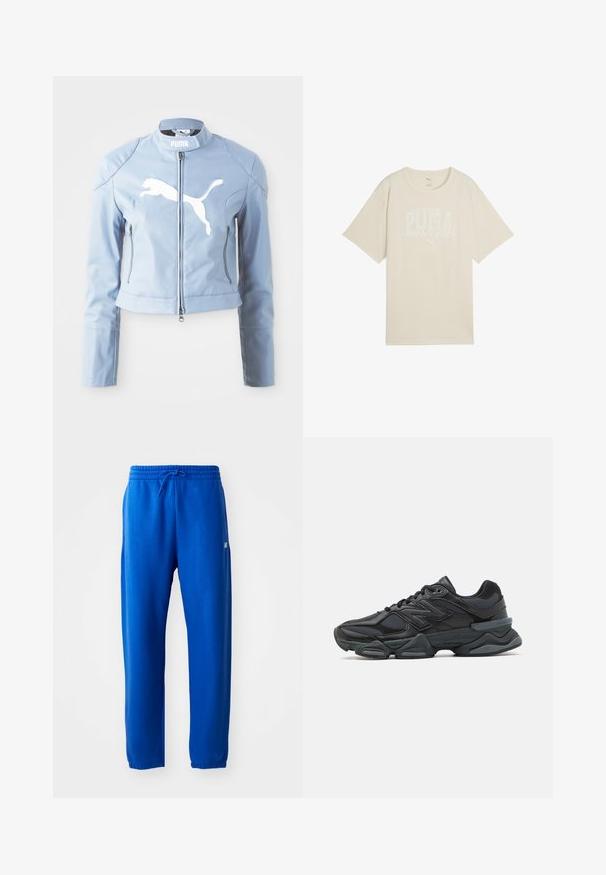 Lichtblauwe leren bomberjack met een neklap, ritssluiting aan de voorkant en wit Puma-logo. Heeft zippockets aan de zijkanten en getailleerde mouwen.; Beige katoenen t-shirt met een ontspannen pasvorm, voorzien van een witte grafische print met de tekst "PUMA sports club" en een klein logo erboven.; Blauwe joggingbroek van zacht materiaal, met een elastische tailleband en trekkoord, taps toelopende pijpen en een klein logo detail aan de zijkant.; Zwarte hardloopschoen met een mix van mesh en synthetische materialen, een stevige zool, gebogen ontwerp en prominente branding op de zijkant.