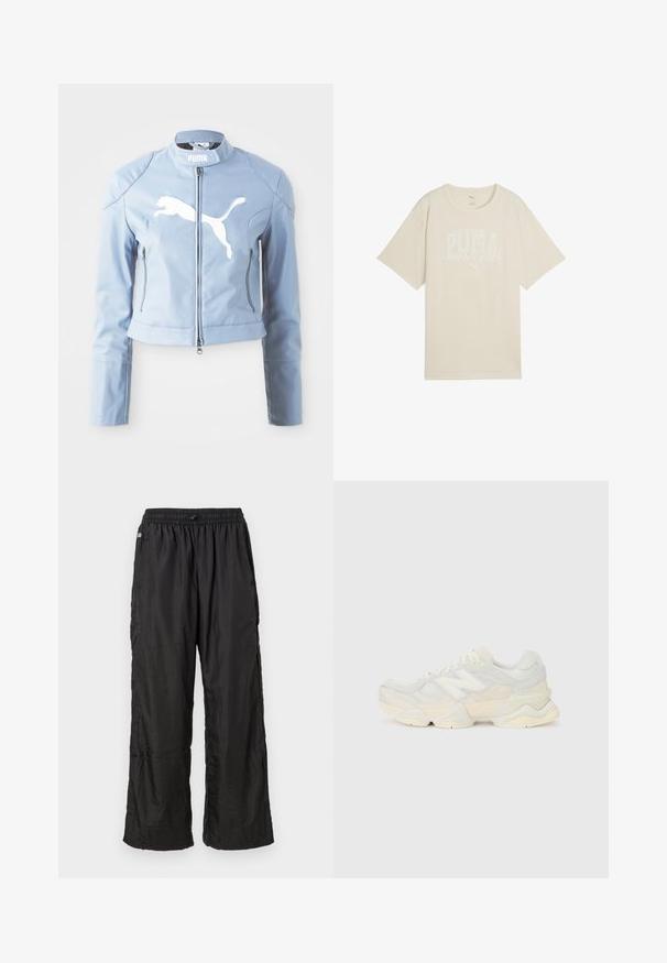 Light blue leather bomber jacket with a mock collar, front zipper, and white Puma logo. Features zipped side pockets and fitted cuffs.; Beige cotton t-shirt with a relaxed fit, featuring a white graphic design that says "PUMA sports club" and a small logo above.; Black lightweight nylon track pants with elastic waistband and loose straight-leg fit, displayed against a plain white background.; Lightweight sneaker featuring a mesh and suede upper in soft cream tones, with a chunky sole and three-dimensional accents.
