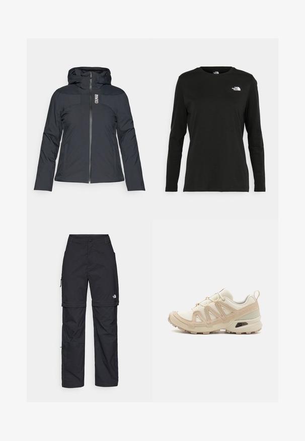 Giacca nera con cappuccio e zip frontale, caratterizzata da una vestibilità slim, una texture liscia e un logo sul petto. Realizzata in materiale leggero e resistente all'acqua.; T-shirt nera a maniche lunghe in cotone con colletto rotondo. Presenta un piccolo logo bianco sul lato sinistro del petto. Design semplice e vestibilità comoda.; Pantaloni cargo in nylon nero con zip rimovibile, polsini regolabili, molteplici tasche e un logo sulla gamba destra. Tessuto liscio e leggero.; Scarpa atletica beige e crema con tomaia in mesh testurizzato, sovrapposizioni supportive e suola in gomma con un motivo a tasselli per la trazione.