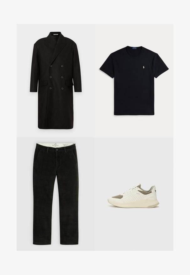 Zwarte wollen double-breasted jas met brede ingesneden revers, twee voorzakken en zes ronde zwarte knopen. Soepele textuur, middenlange snit.; Zwart katoenen T-shirt met een ronde hals, korte mouwen en een klein geborduurd logo op de linkerborst. Gladde textuur.; Donkerbruine corduroy Levi's XX Chino broek met standaard taps toelopende pijpen, knoopsluiting en zijzakken, maat W32 L32.; Witte en lichtbeige sport sneaker, met een bovenwerk van mesh, geperforeerde details en een gestructureerde tussenzool met branding op de hiel.