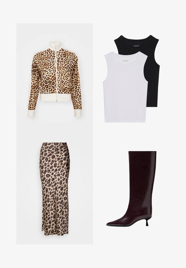 Leopardmönstrad jacka med vit krage och manschetter, frontdragkedja, tillverkad av mjukt tyg, har långa ärmar och en figurnära design.; Två ärmlösa toppar i svart och vitt, tillverkade av ribbat bomull, med rund halsringning och en figurpassande design. Etiketter synliga på båda.; Leopardmönstrad midikjol i slätt satinmaterial. Har en figurnära silhuett med en liten slits i fållen för rörelse. Neutral beige och brun.; Knähöga bourgogne läderstövel med en slät, texturerad yta, spetsig tå och en tunn, staplad klack för extra höjd.