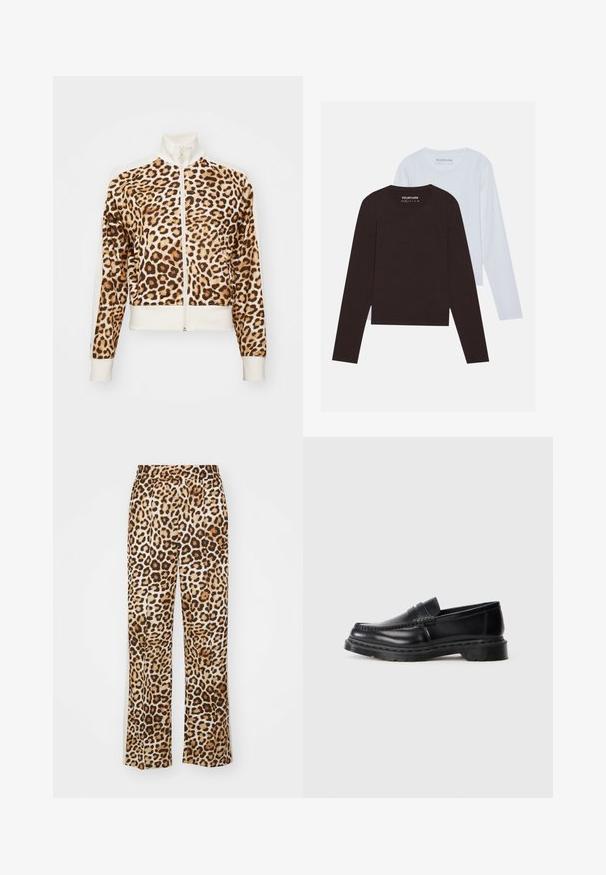 Leopardimustriidiga jakki valge krae ja varrukatega, ees zip-tõmblukuga, pehmest kangast, millel on pikad varrukad ja sulekuju.; YOURTURN 2 PACK UNISEX - Pikkade varrukatega topp - white/dark brown; Leopardimustrilised püksid, mis on valmistatud pehmest kangast, lõdva lõikega, laia jala põlvega ning beežide ja pruuni tooni elastse vöökoha äärtega.; Meeste mustad nahast penny loaferid paksu tallaga ja mokassiini õmblustega, kujutatud profiilis valgel taustal.