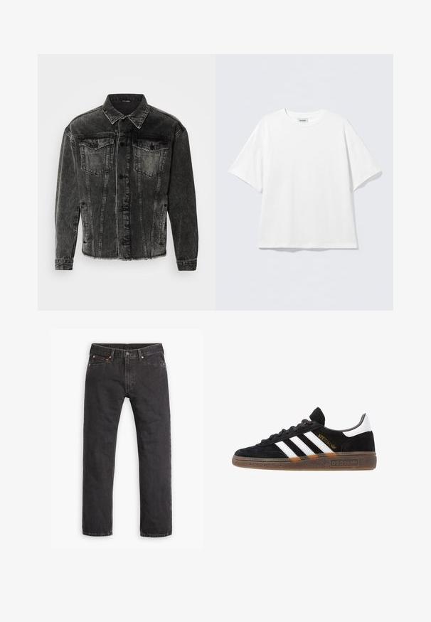 Svart, falmet denimjakke med klassisk design. Har to brystlommer, knappelukking og solid søm. Teksturert stoff med en avslappet passform.; Hvit kortermet T-skjorte laget av bomull med rund hals og løs passform. Ingen synlige mønstre eller aksenter. Enkel design.; Svarte straight-leg denim jeans med fem lommer, knappelukking og kobbernitter lagt flatt på en hvit bakgrunn.; Sorte Adidas sneakers med hvite striper, gull "Spezial" tekst, gummisåle og hvit hælklaff, vist fra profil.