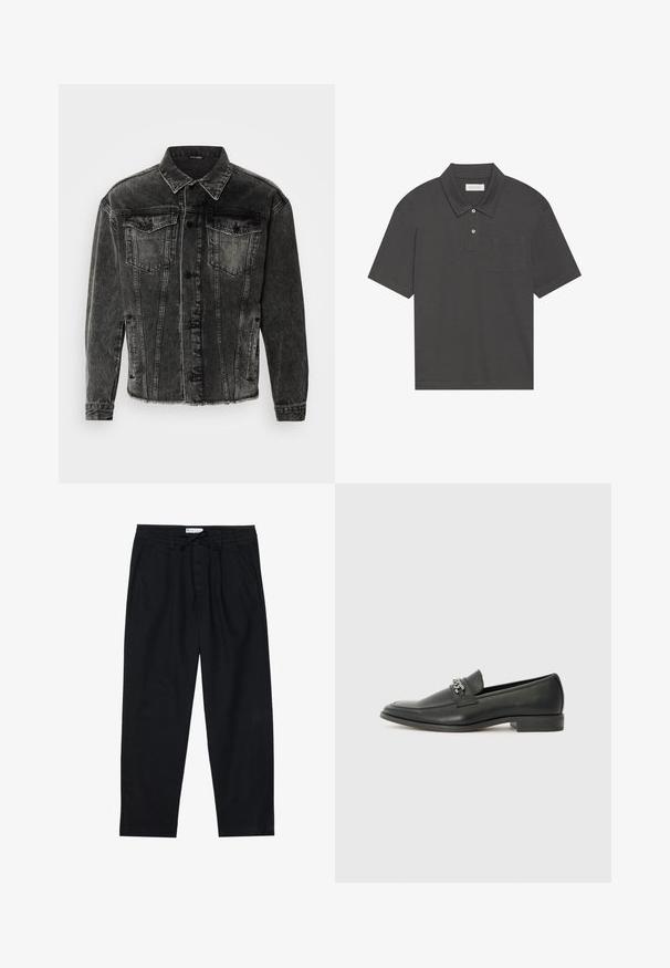 Black, faded denim jacket with a classic design. Features two chest pockets, button closure, and sturdy stitching. Textured fabric with a casual fit.; Dark gray polo shirt with a traditional collar, three-button placket, short sleeves, and a left chest pocket. Smooth fabric texture.; Pier One Chinos - black; Black leather loafer with a smooth finish, featuring a stitched design and a decorative metal chain accent across the vamp. Flat heel.