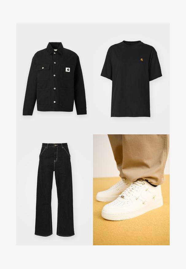 Juoda mygtukais užsegama striukė su keturiomis priekinėmis kišenėmis, metaliniais mygtukais, korduro apykakle ir balta Carhartt logotipo etikete ant viršutinės dešinės kišenės.; Juoda medvilnės marškinėliai su laisvu siluetu. Turi apvalų kaklą ir trumpas rankoves. Ant krūtinės yra maža auksinė siuvinėta logo.; Juodi platūs džinsai, pagaminti iš džinsinio audinio, su kontrastingomis baltomis siūlėmis ir priekiniais mygtukais, turintys du kampinius priekinio kišenes.; Balti odiniai sportbačiai su perforuotu pirštu, auksiniais akcentais ir plokščiomis virvutėmis, derinami su smėlio spalvos kelnėmis ant tekstūruotos geltonos dangos.
