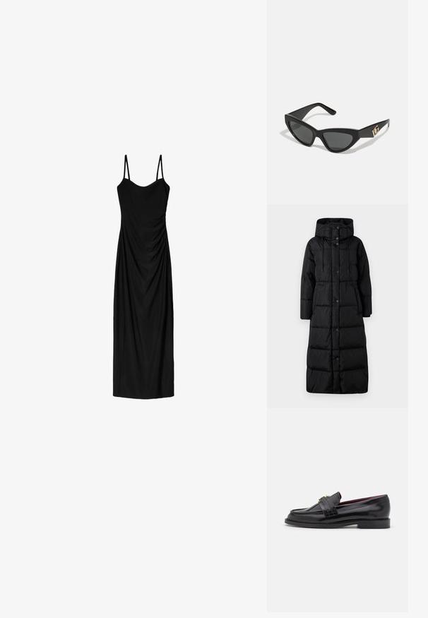 WEEKEND MaxMara DOLLY - Donsjas - nero; Zwart midi-jurk met dunne verstelbare bandjes, voorzien van een gedrapeerd ontwerp en een gladde textuur. Geen zichtbare patronen of versieringen.; Zwarte leren loafers met een gestikt patroon, een gladde textuur, gouden gesp details en een ronde neus, geplaatst op een lage zwarte zool.; Cat-eye zonnebrillen met een matte zwart plastic frame, donkere lenzen en een gouden logo-accent op de poot. Hoekig ontwerp en een soepele textuur.; Bruin leren schoudertas met logo-patroon, gouden kettingband, ritsluiting en gouden hardwareaccenten. Compacte en rechthoekige vorm.