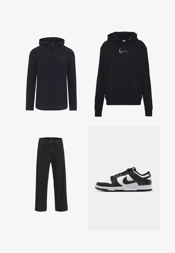 Črna jakna s kapuco, zadrgo po dolžini in dolgimi rokavi. Ima teksturirane stranske dele in majhne odsevnike na prsih.; Črna kapuca iz mehkega blaga, z sprednjim žepom, vrvicami in belim vezenjem logotipa na prsih. Klasičen kroj in rebrasti manšeti.; Črne kavbojke ravnega kroja z gumbom in zadrgo, z zankami za pas ter sprednjimi in zadnjimi žepi.; Črno-bele Nike Dunk teniske z usnjenim zgornjim delom, perforiranim prstom, črnimi vezalkami in črnim gumijastim podplatom s profilom.