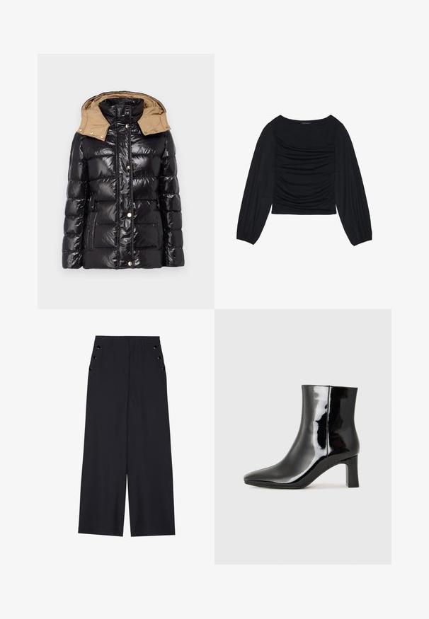 LIU JO IMBOTTITO PIUMA CORTO - Untuvatakki - nero/tortora; Musta pitkähihainen paita, jossa on kyynärpäissä ja edessä rypytetty kangasdetalji. Valmistettu pehmeästä, joustavasta materiaalista ja avokorcista kaula-aukosta.; Avokkaat housut tummansinisestä kankaasta, joissa on sileä texture, etu laskokset ja koristeelliset kultasävyiset nauhat sivutaskuissa.; Musta patenttilakattu nilkkuri, jossa on terävä kärki ja keskipitkä lohkarekorko. Silkkinen pinta ja minimalistinen muotoilu.