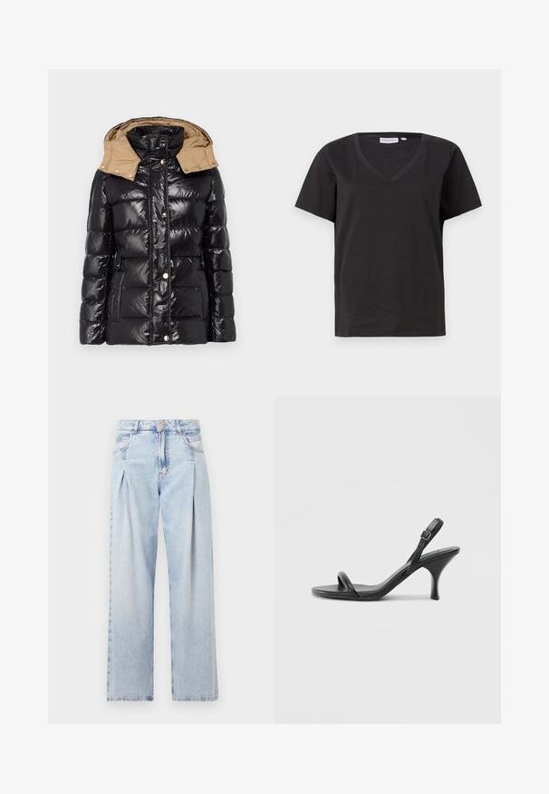 LIU JO IMBOTTITO PIUMA CORTO - Down jacket - nero/tortora; Black cotton T-shirt with a V-neck and short sleeves. Simple design with a regular fit and no patterns or accents.; Light blue denim jeans with a high waist, wide-leg cut, two side pockets, and pleated design feature. Soft texture with a faded finish.; Black leather high-heeled sandals with a slim, curved heel and a crossed strap design. Adjustable ankle strap. Smooth texture.