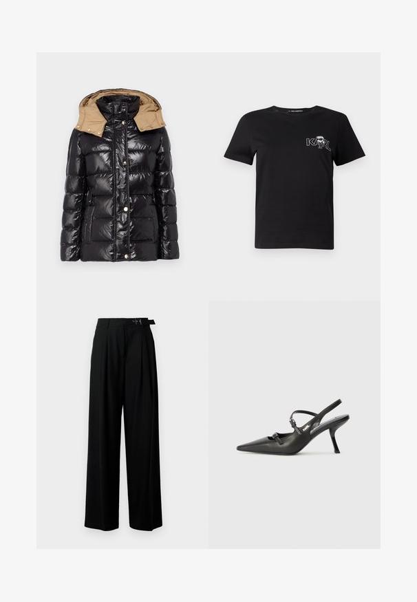 LIU JO IMBOTTITO PIUMA CORTO - Páperová bunda - nero/tortora; Čierne tričko s krátkym rukávom vyrobené z bavlny. Obsahuje bielu grafiku s textom "KARL" a stilizovanou postavou na hrudi. Okrúhly výstrih.; Čierne široké nohavice s vysokým pásom, skladmi vpredu a opaskom s prackou. Vyrobené z hladkej, ľahkej textílie.; Čierne kožené slingback topánky na vysokom podpätku s ostrou špicou, štíhlym podpätkom a dekoratívnym detailom s prackou na priehlavku. Hladká textúra a elegantný dizajn.