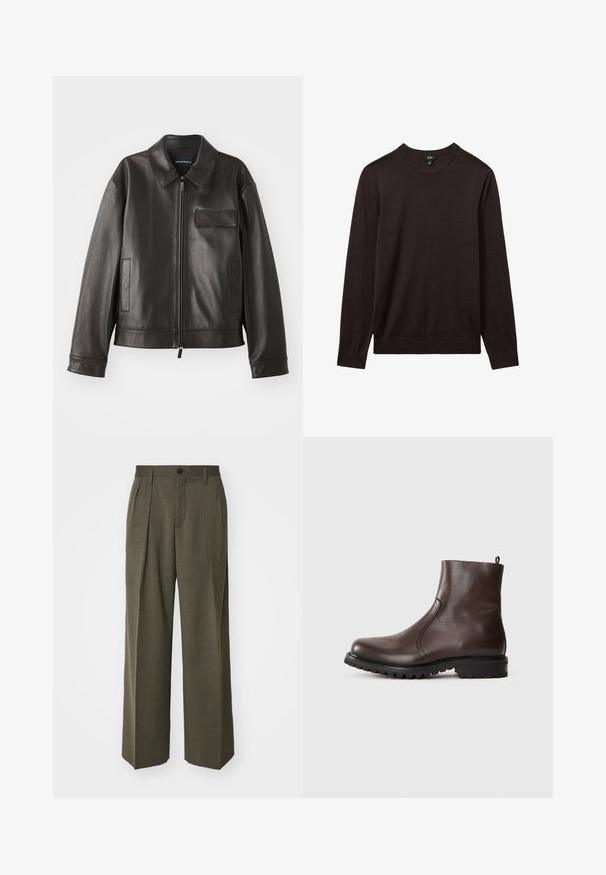 Fekete bőr dzseki gallérral, elülső cipzárral és két oldalsó zsebbek. Jellemzője a mellzsebpocket, amely fakkal díszített, sima textúrával.; Reiss Pulóver - dark bordeaux; Filippa K WIDE TROUSERS - Nadrágok - driftwood; Barna bőr bokacsizma sima textúrával, elasztikus oldalsó panelek, hátul húzófül és strapabíró gumitalp.