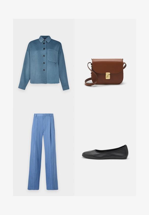 Weekend Max Mara EMIRO - Light jacket - avio; White short-sleeve t-shirt made of ribbed fabric. Round neckline, regular fit, and subtle stitching details. No patterns or graphics.; Light blue wide-leg trousers with vertical white stripes. Made of smooth material, featuring a front pleat and a clean waistband design.; Black leather ballet flat with a rounded toe, smooth texture, minimal stitching detail, and a flexible sole design.; Brown leather handbag with a flap closure, gold-tone hardware, a shoulder strap, and a smooth texture. Compact rectangular shape.