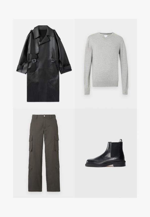 Zwarte leren trenchcoat met een brede kraag, schouderepauletten, twee voorzakken en twee gespaccenten in de taille.; Lichtgrijze trui, v-hals ontwerp, lange mouwen, ribgebreide boorden en zoom, zachte textuur. Merkenlabel bevindt zich bij de halslijn.; Witte katoenen t-shirt met een ronde hals, korte mouwen en een comfortabele pasvorm. Een gladde textuur, zonder patronen of versieringen.; Donkergrijze cargo broeken met rechte pijpen, knoopsluiting en vier klepzakken, twee op de bovenbenen en twee nabij de kuiten.; Zwarte leren Chelsea-boot met elastische zijpanelen, ronde neus, aantrekband bij de hiel en een lage gestapelde zool op een effen achtergrond.