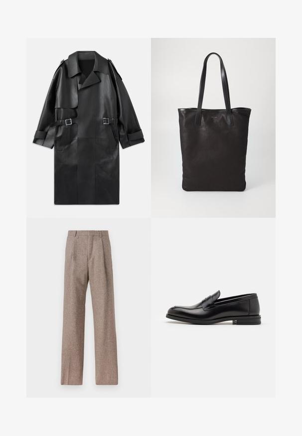 Sort læder trench coat med bred krave, skulderepauletter, to frontlommer og to spænde accenter i taljen.; Lysblå langærmet skjorte med spids krave, sorte knapper og et unikt udskæring foran for et særpræget design.; Brune, højtaljede bukser lavet af tekstureret stof. Har brede ben og to frontfoldninger for struktur. Pæn finish uden synlig hardware.; Sorte læderloafers med en glat overflade, rund tå og en dekorativ strop over vampen. Lav hæl med stabeldesign, minimalistisk stil.; Sort lærred tote taske med sorte læderhåndtag. Simpelt design, rummelig krop og en glat overflade. Ingen synlige logoer eller mønstre.