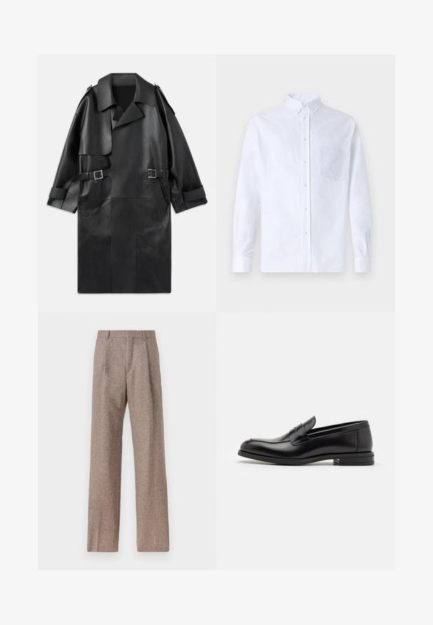 Manteau trench en cuir noir avec un large col, des épaulettes, deux poches avant et deux accents de boucles à la taille.; Chemise blanche à manches longues avec boutons en coton, présentant une poche poitrine avec broderie ton sur ton, un col et des poignets boutonnés.; Pantalons marron taille haute en tissu texturé. Présente des jambes larges et deux plis avant pour la structure. Finition soignée sans matériel visible.; Mocassins en cuir noir avec une texture lisse, bout rond et une sangle décorative sur le dessus. Talon bas empilé, design minimaliste.