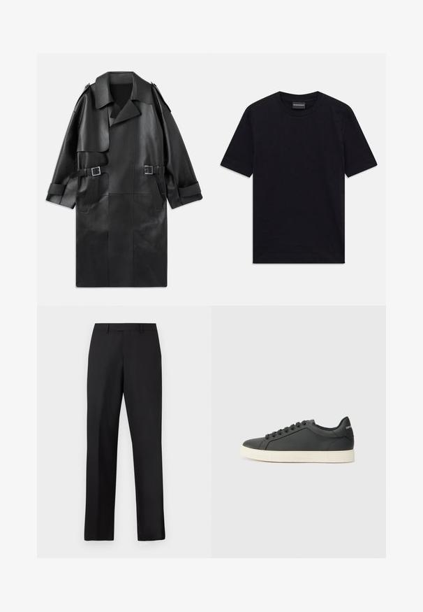 Sort læder trench coat med bred krave, skulderepauletter, to frontlommer og to spænde accenter i taljen.; Sort kortærmet T-shirt med rund hals og subtil præget mønster samt mærkeetiket indeni kraven, liggende fladt på hvid baggrund.; Sorte bukser med lige ben lavet af glat stof. Har en almindelig linning og ingen synlige mønstre eller detaljer.; Sort lædersneaker med lav profil, rund tå og snørelukning; har en struktureret gummisål og logo-detalje på hælen.