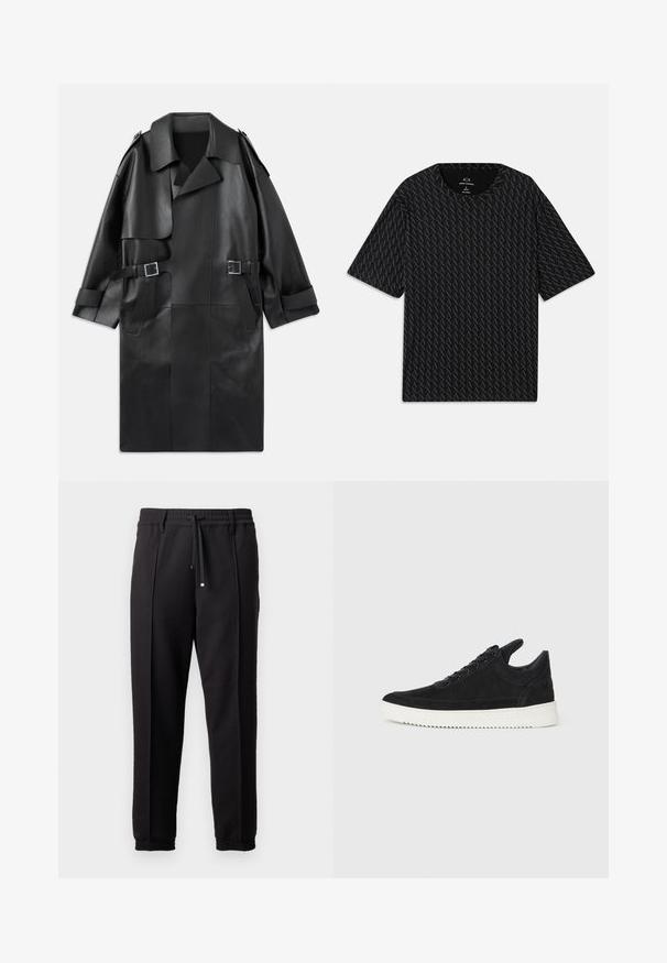 Schwarzer Leder-Trenchcoat mit breitem Kragen, Schulterklappen, zwei Fronttaschen und zwei Schnallenakzenten an der Taille.; Schwarzes T-Shirt mit einem strukturierten Muster von abwechselnden "A"-Logos, kurzen Ärmeln und rundem Halsausschnitt. Hergestellt aus leichtem Stoff.; Schwarze Hose mit einem Bund, Kordelzug und elastischen Bündchen. Sie verfügt über Plissees und einen glatten, strukturierten Stoff.; Schwarze Wildleder-Sneaker mit einer weißen Gummisohle, die sich durch elegante Nähte und ein schnürbares Design auszeichnen. Glatte Textur mit einer modernen, stromlinienförmigen Form.
