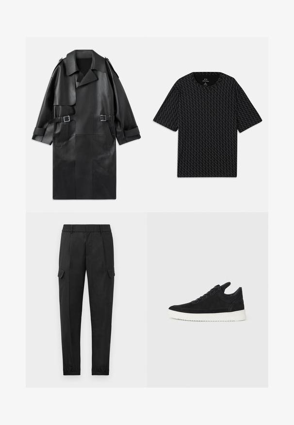 Manteau trench en cuir noir avec un large col, des épaulettes, deux poches avant et deux accents de boucles à la taille.; T-shirt noir avec un motif texturé de logos 'A' alternés, manches courtes et col rond. Fabriqué en tissu léger.; Pantalons cargo noirs avec une taille élastique, jambe fuselée, poches latérales et une seule poche cargo sur la cuisse gauche. Texture lisse.; Baskets en daim noir avec une semelle en caoutchouc blanc, présentant des coutures tonales et un design lacé. Texture lisse avec une forme moderne et épurée.