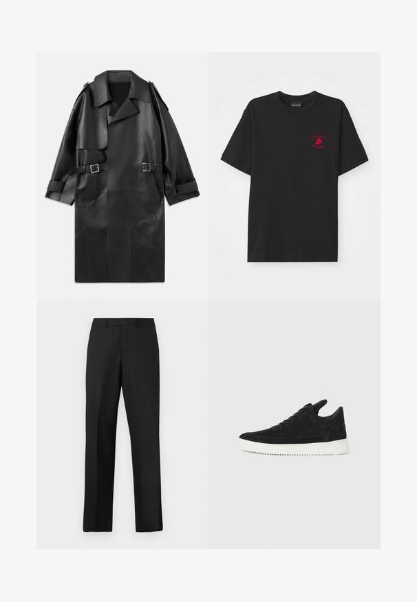 Sort læder trench coat med bred krave, skulderepauletter, to frontlommer og to spænde accenter i taljen.; Sort bomulds t-shirt med rund hals og korte ærmer; har rødt broderet "Emporio Armani" logo og hjerte på brystområdet.; Sorte bukser med lige ben lavet af glat stof. Har en almindelig linning og ingen synlige mønstre eller detaljer.; Sort ruskinds sneaker med en hvid gummisål, der har tonalt syet detalje og snørredesign. Glat tekstur med en moderne, strømlinet form.