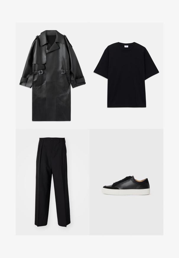 Black leather trench coat featuring a wide collar, shoulder epaulets, two front pockets, and two buckle accents at the waist.; Black short-sleeve oversized T-shirt with round neckline and visible Filippa K brand label inside the collar.; Black pleated trousers with a straight, wide-leg design. Made from smooth fabric, featuring a button closure and belt loops.; Black leather sneaker with suede accents, round toe, flat white rubber sole, and contrasting textures on the body and laces.