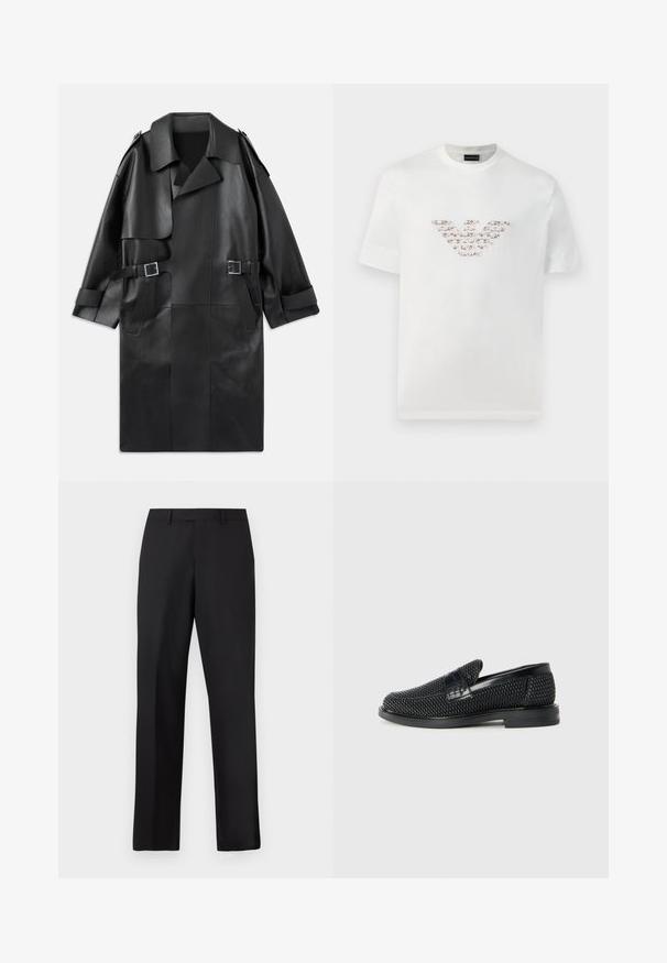 Sort læder trench coat med bred krave, skulderepauletter, to frontlommer og to spænde accenter i taljen.; Hvid bomulds T-shirt med korte ærmer og rund halsudskæring. Har et centralt logo design i rosa og brune nuancer.; Sorte bukser med lige ben lavet af glat stof. Har en almindelig linning og ingen synlige mønstre eller detaljer.; Sort vævet slip-on sko med en glat læderdetalje på overdelen, en rund tådesign og en lavprofil gummisål.