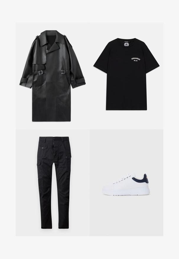Black leather trench coat featuring a wide collar, shoulder epaulets, two front pockets, and two buckle accents at the waist.; Black cotton T-shirt with short sleeves, featuring white "DSQUARED2 MILANO" logo on the chest. Crew neck design, smooth texture.; Black cargo pants made of durable fabric, featuring multiple pockets, a button fly, and a straight leg design. Smooth texture and matte finish.; White sneakers with navy accents, featuring a smooth texture, round toe, and raised outsole, detailed with a logo on the side.