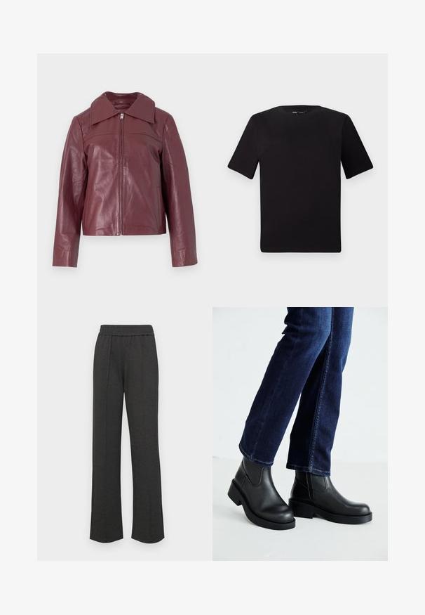 Selected Femme SLFBEA JACKET - Ādas jaka - zinfandel; Melnas īsām piedurknēm T-krekls ar apaļu kakla izgriezumu, izgatavots no mīksta kokvilnas auduma. Vienkāršs dizains, bez redzamām logo vai rakstiem.; Melni taisni bikses ar elastīgu jostu, priekšējiem krokām, mīkstu audumu un bez redzamām rakstu vai aparatūras detaļām.; Melnas ādas potīšu zābaki ar masīvu zoli un sānu elastīgām daļām, kombinēti ar tumši ziliem džinsiem. Zeme ir gaišā krāsā.