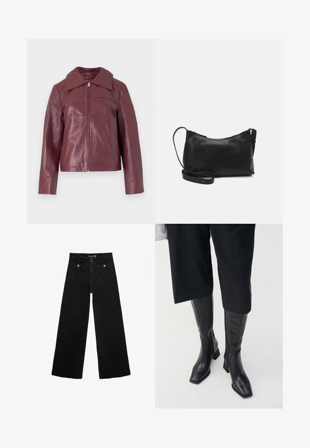 Selected Femme SLFBEA JACKET - Nahkatakki - zinfandel; Vaaleanbeige pitkähihaisen puseron pehmeä kangas, pyöreä kaula-aukko, rento istuvuus, suora helma ja minimaalista ompeluyksityiskohtaa.; Mustat leveälahkeiset farkut korkean vyötärön kanssa, joissa on kaksi etutaskua ja metalliset nappikoristeet. Kangas on sileä.; Musta nahka polvipituiset saappaat, joissa on neliön muotoinen kärki ja korkea paksu kanta. Sisältää sivuvetoketjun ja sileän pinnan.; Musta nahkainen olkalaukku, jossa on sileä pinta, kaareva muoto, säädettävä hihna ja vetoketjukiinnitys. Minimalistinen muotoilu ilman koristeita.