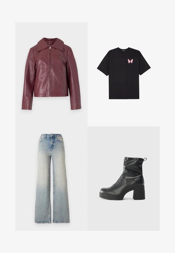 Selected Femme SLFBEA bordowy; Czarny bawełniany t-shirt z krótkim rękawem, z małym różowym motylkiem na lewej piersi. Klasyczny dekolt z luźnym fasonem.; Jasnoniebieskie dżinsy o szerokich nogawkach, wykonane z denimu, z wysokim stanem, pięcioma kieszeniami i widocznym przeszyciem wzdłuż szwów.; Czarne botki za kostkę wykonane z gładkiej skóry, wyposażone w boczny zamek błyskawiczny, masywny teksturowany obcas oraz zaokrąglony czubek.