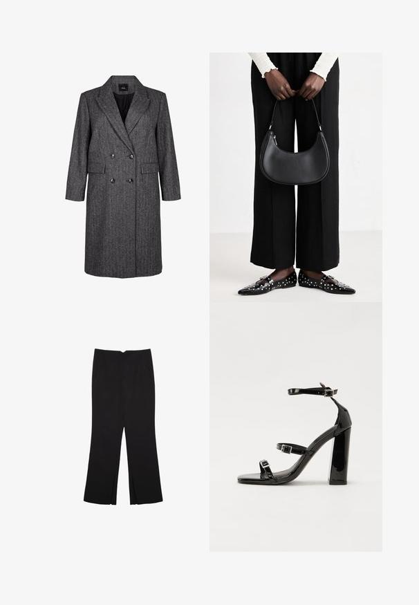 Grau kariertes, doppelt knöpfbares Modell mit Reverskragen, zwei Fronttaschen und schwarzen Knöpfen. Lange Ärmel und mittellange Passform.; Schwarzes Kurzarmoberteil aus glattem Stoff; hat einen drapierten Ausschnitt und einen asymmetrischen Saum, mit einem figurbetonten Körper.; Schwarze Hose mit geradem Schnitt, ausgestattet mit Fronttaschen und Seitenschlitzen am Saum. Hergestellt aus weichem, glattem Stoff. Geeignet für verschiedene Anlässe.; Schwarze patentierte Sandalen mit Absatz, quadratischer Spitze, Knöchelriemen und silbernen Schnallen. Mit einem stabilen Blockabsatz für mehr Stabilität.; Schwarze Leder-Schultertasche mit runder Form, glänzender Oberfläche und silbernem Beschlag. Person trägt schwarze weit geschnittene Hosen und Nieten-Loafers.