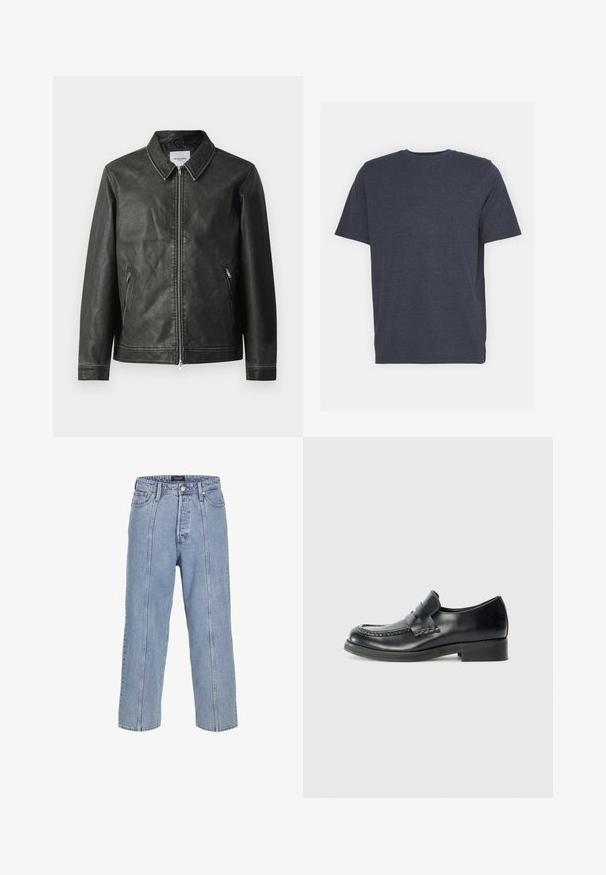 Zwarte leren motorjack met een gladde textuur, drukknoopkraag, volledige voorkant met rits en twee zijzakken. Bevat minimale stikdetails.; Navyblauwe crew neck T-shirt van zachte katoenmixstof, met korte mouwen en een normale pasvorm. Geen zichtbare patronen of accenten.; Lichtblauwe denim jeans met een losse pasvorm, wijde benen en zichtbare stiksels. Voorzien van een knoop- en ritsluiting, vijf zakken.; Zwarte leren loafer met moccasin-naad, een opvallende band over de wreef en een lage gestapelde hak. Glad afwerking en ronde neus.