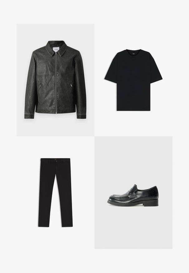 Zwarte leren motorjack met een gladde textuur, drukknoopkraag, volledige voorkant met rits en twee zijzakken. Bevat minimale stikdetails.; Zwarte katoenen T-shirt met een ronde hals en korte mouwen. Heeft een losse pasvorm en een eenvoudig ontwerp zonder patronen of accenten.; Zwarte broek van stof met een gladde textuur. Bevat een knoopsluiting, riemlussen en zijzakken. Standaard straight-leg ontwerp.; Zwarte leren loafer met moccasin-naad, een opvallende band over de wreef en een lage gestapelde hak. Glad afwerking en ronde neus.