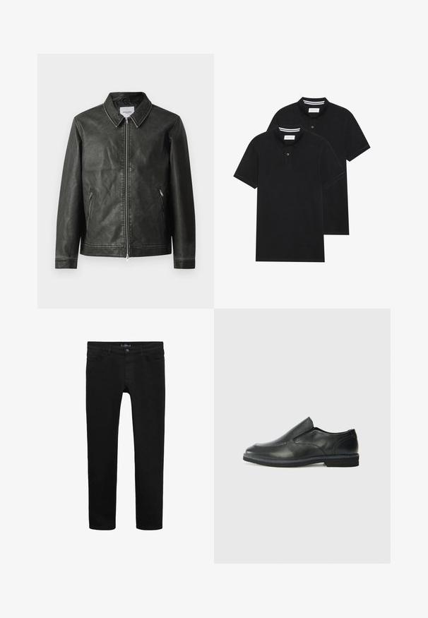 Jachetă neagră din piele cu o textură netedă, cu guler tip snap, fermoar complet frontal și două buzunare laterale. Prezintă detalii minime de coasere.; Două tricouri polo negre, cu mânecă scurtă, din material de bumbac, având un guler clasic, deschidere cu două butoane și accente albe cu dungi în interiorul gulerului.; Jeans negri din denim cu un design slim fit, având închidere cu buton frontal, stil cu cinci buzunare și o textură netedă pe toată suprafața.; Pantof de piele neagră, tip slip-on, cu un superior neted, accente cusute, vârf rotunjit și un toc jos din cauciuc. Talpa are un profil minim de aderență.