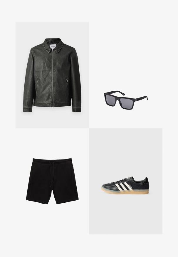 Crna kožna jakna s glatkom teksturom, zakopčavanje na dugmadi, punim prednjim zatvaračem i dva bočna džepa. Sadrži minimalne detalje šivanja.; Crna pamučna majica s grafičkim printom u bijeloj i žutoj boji sa natpisom "IRON LIKE HELL" i dizajnom silueta.; Crne dukserice od pamuka. Imaju elastičan pojas s vezicom, bočne džepove i opušteni kroj.; Crni atletski tenisice s bijelim prugama, teksturiranom tkaninom, glatkim kožnim vrhom i gumiranim potplatom. Sadrži logotip na jeziku.; Crne pravokutne sunčane naočale s tamnim lećama, mat završetkom i detaljem logotipa na ručki. Dizajn ima ravne rubove i debele okvire.