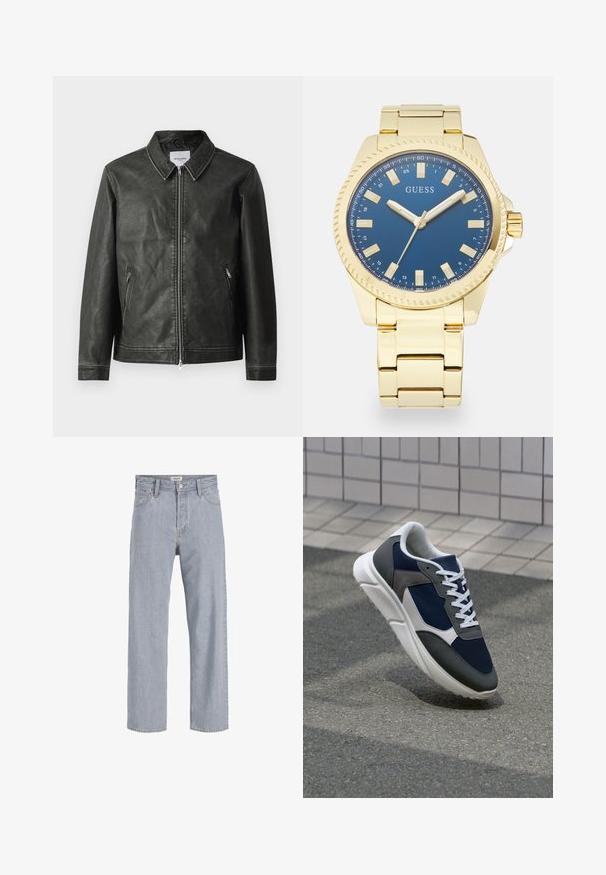 Čierna kožená bunda s hladkou textúrou, s patentným golierom, plným predným zipsom a dvoma bočnými vreckami. Obsahuje minimálne detaily šitia.; Tmavomodré tričko s krátkym rukávom vyrobené z jemnej bavlny, s okrúhlym výstrihom a čistým, rovnomerne strihaným lemom bez viditeľných vzorov.; Svetlomodré džínsy s uvoľneným strihom, rovný strih nohavíc, viditeľné stehy, dve predné vrecká a zapínanie na gombík.; Tenisky s sieťovinou v námorníckej modrej farbe, so sivými semišovými detailmi, bielou gumovou podrážkou a plochými bielymi šnúrkami, navrhnuté pre pohodlie a priedušnosť.; Zlatý kovový náramkový hodinky s modrým ciferníkom, ktorý má biele hodinové značky, strieborné ručičky a textúrovaný bezel, umiestnené na zlatom náramku.
