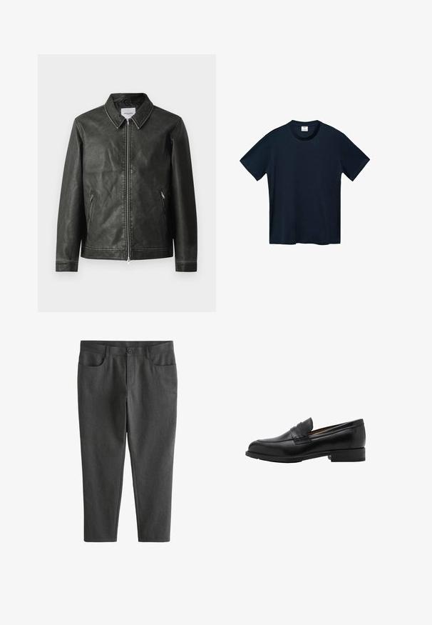 Črna usnjena jakna z gladko teksturo, s pritrdljivim ovratnikom, polnim sprednjim zadrgo ter dvema stranskima žepoma. Ima minimalne podrobnosti šivanja.; Temno modra majica s kratkimi rokavi, izdelana iz mehkega bombaža, s krožnim izrezom in čistim, ravnim robom brez vidnih vzorcev.; Temno siva slim-fit hlače iz teksturirane tkanine, z gumbom za zapiranje, zankami za pas in štirimi žepi.; Črne usnjene loaferje z vpisanim sprednjim delom in ravnim peto. Gladka tekstura z okroglo konico in dekorativnim pasom čez zgornji del.