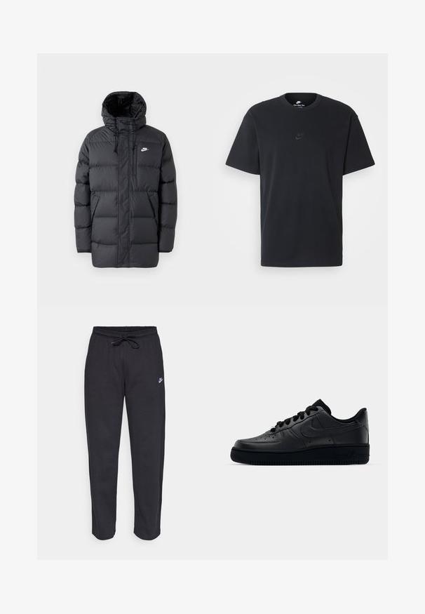 Črna puffer jakna s kapuco, z zadrgo spredaj, elastičnimi manšeti, stranskimi žepi in majhnim logotipom na prsih. Teksturiran, prešit dizajn.; Nike črna bombažna majica z klasičnim okroglim izrezom, kratkimi rokavi in subtilnim, vtisnjenim logotipom na prsih. Gladka tekstura.; Črne trenirke iz mehkega materiala z elastičnim pasom, vrvico in majhnim logotipom Nike na levem stegnu.; Črne Nike Air Force 1 športne copate z gladkim usnjem, perforirano konico za zračnost, črnimi vezalkami in teksturirano gumijasto podplatom.