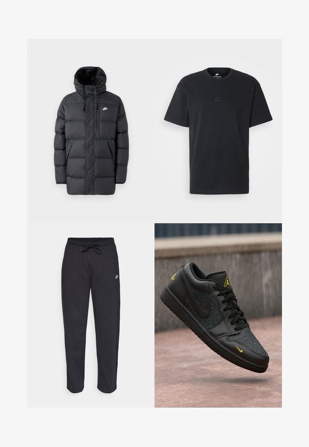 Casaco de puffer preto com capuz, apresentando fecho éclair à frente, punhos elásticos, bolsos laterais e um pequeno logótipo no peito. Design texturizado e acolchoado.; T-shirt de algodão preto da Nike com um clássico decote redondo, mangas curtas e um logótipo em relevo discreto no peito. Textura suave.; Calças de treino pretas feitas de tecido suave, com faixa elástica na cintura, cordão regulador e um pequeno logótipo da Nike na coxa esquerda.; Ténis pretos com um cabedal em pele texturizada, apresentando um logótipo amarelo da Nike e acentos de design icónicos. Sola de borracha com um perfil baixo.