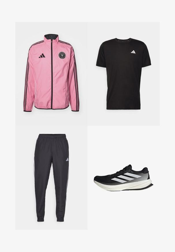 Chaqueta cortavientos rosa con un zipper negro, detalles en negro y tres franjas negras a lo largo de las mangas. Presenta un logo circular en el pecho.; Camiseta de algodón negra con mangas cortas, cuello redondo y un logo blanco en el lado izquierdo del pecho. Textura suave y diseño sencillo.; Pantalones deportivos negros con cinturilla elástica, que presentan franjas blancas a lo largo de los lados y un pequeño logo en la cadera. Textura suave.; Zapato deportivo negro con un diseño de malla, que presenta rayas blancas, una puntera redondeada y una suela texturizada para agarre y soporte.