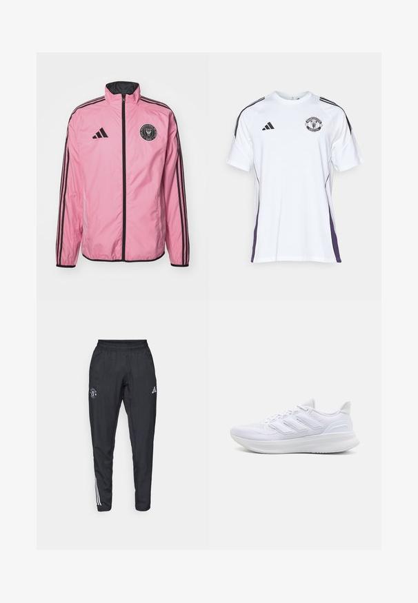 Roze windjack met een zwarte rits, zwarte accenten en drie zwarte strepen langs de mouwen. Beschikt over een rond logo op de borst.; Witte sportshirt met korte mouwen, voorzien van zwart en paarse zijaccenten, met het Manchester United-logo en drie zwarte strepen op de schouders.; Zwarte sportbroek met een elastische tailleband, geborduurd logo op de dij en witte strepen die langs de zijkanten lopen.; Witte sportschoenen met een gestructureerde mesh bovenkant, een ondersteunende gevoerde zool en een ontwerp met drie strepen aan de zijkant.