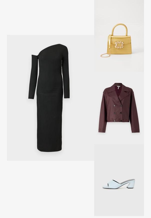 Cropped double-breasted jacket in dark plum fabric. Features a classic collar, button closure, and long sleeves with a smooth texture.; Black, form-fitting, long-sleeve dress with an asymmetric neckline and gathered side detail, made from ribbed fabric.; Light blue open-toe heeled mules with a geometric design, featuring a wide strap across the foot and a chunky, angular heel.; Yellow faux-crocodile handbag with a structured design, top handle, detachable chain strap, and decorative crystal embellishment on the clasp.